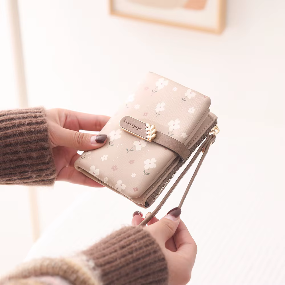 Short purse for women 2024 spring/summer new Korean PU printed zipper buckle collapsible multi-function long purse can be wrist