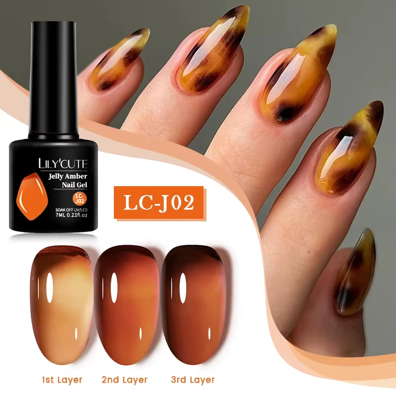 LILYCUTE 7ml Translucent Jelly Amber Gel Nail Polish Brown Coloured Varnish Gel Long Lasting Semi Permanent UV Nail Art Manicure