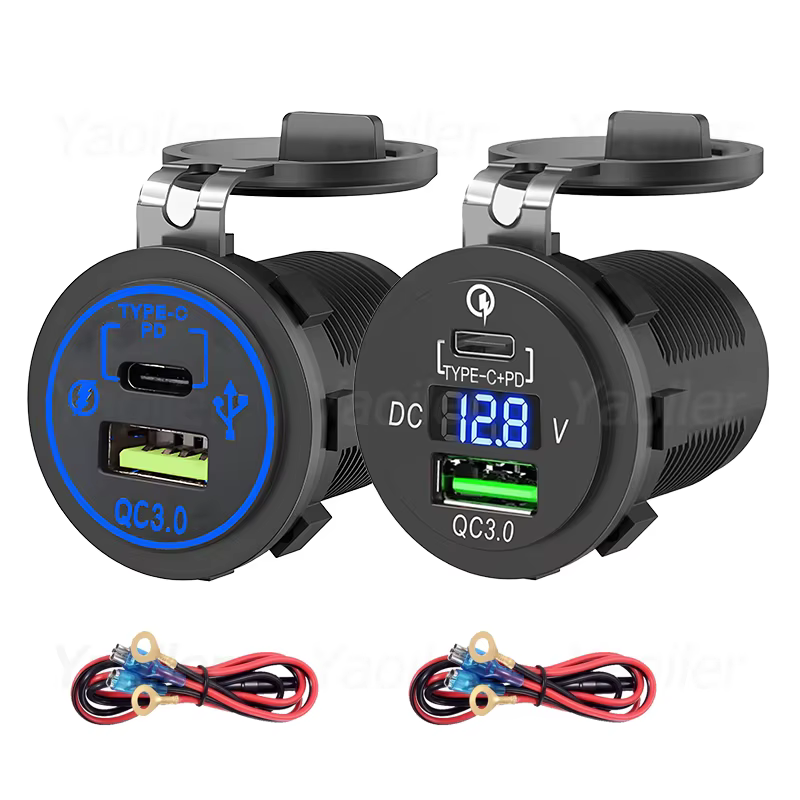 48W USB C Car Charger Socket 12V/24V USB Socket PD Type-c+QC3.0 Car USB Port with Voltmeter Car Fast Charge Adapter Power Outlet