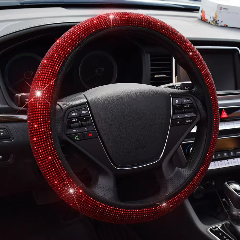 38cm Universal Car SUV Breathable Anti-Slip Bling Rhinestones Steering Wheel Cover for Women Girl with Crystal Diamond Sparkling