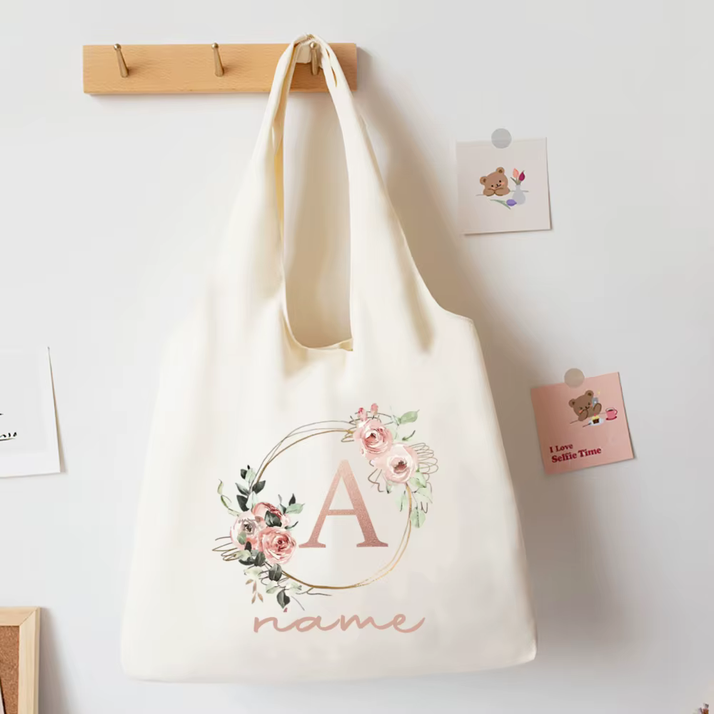 Custom Name Floral Alphabet Print Tote Bag Personalize Canvas Portable Large Capacity Handbags The Christmas Birthday Best Gifts