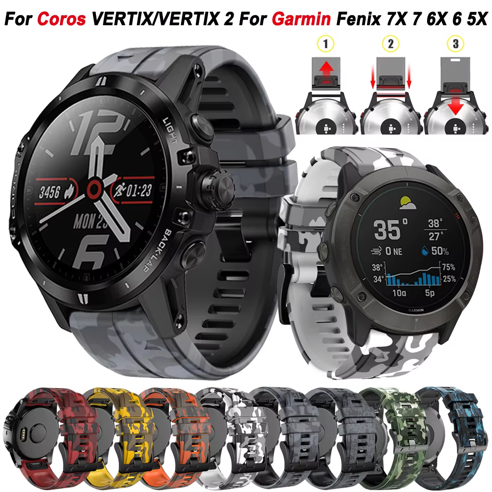 Camouflage Silicone Watchband For COROS Vertix 2 Bracelet For Garmin Fenix 6X 6Pro 5 5X Plus 7X 3 HR Epix 26 22mm Quickfit Strap