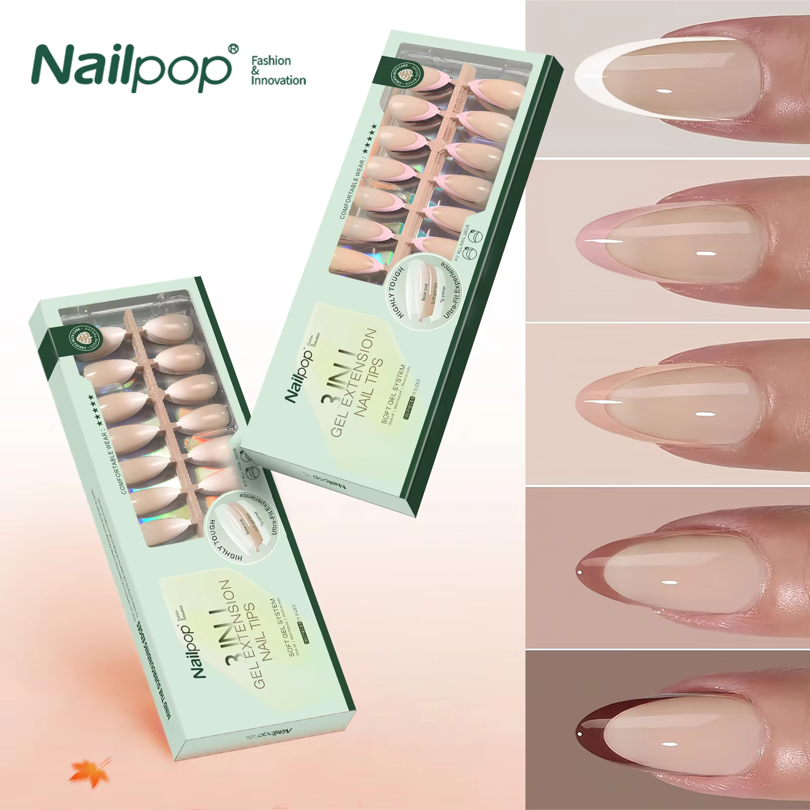 Nailpop French Gel Nail Tips 5 Colors French Tip Press on Nails with Design 3 in 1 Soft Acrylic Fake Nails Extension for Women