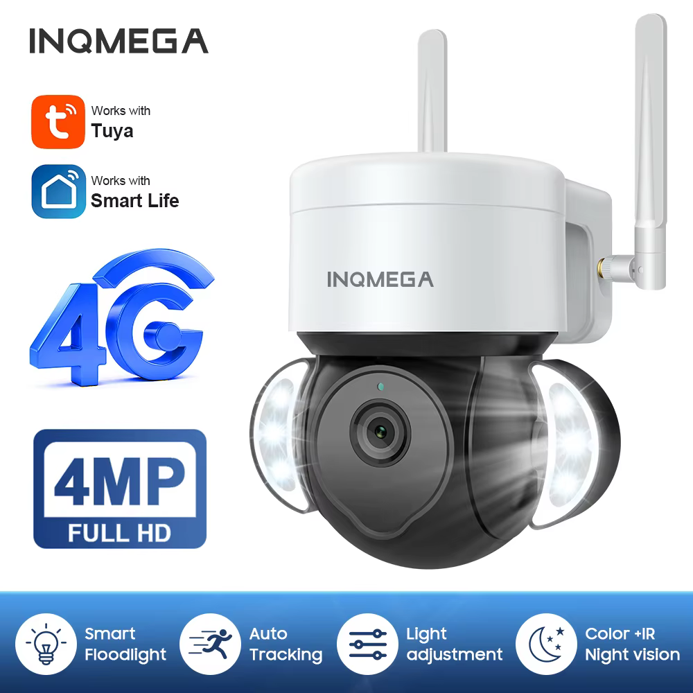 INQMEGA 4M 2K PTZ IP Camera 4G SIM Tuya Floodlight Security Protection Smart Life Google Home Alexa Video Surveillance CCTV CAM