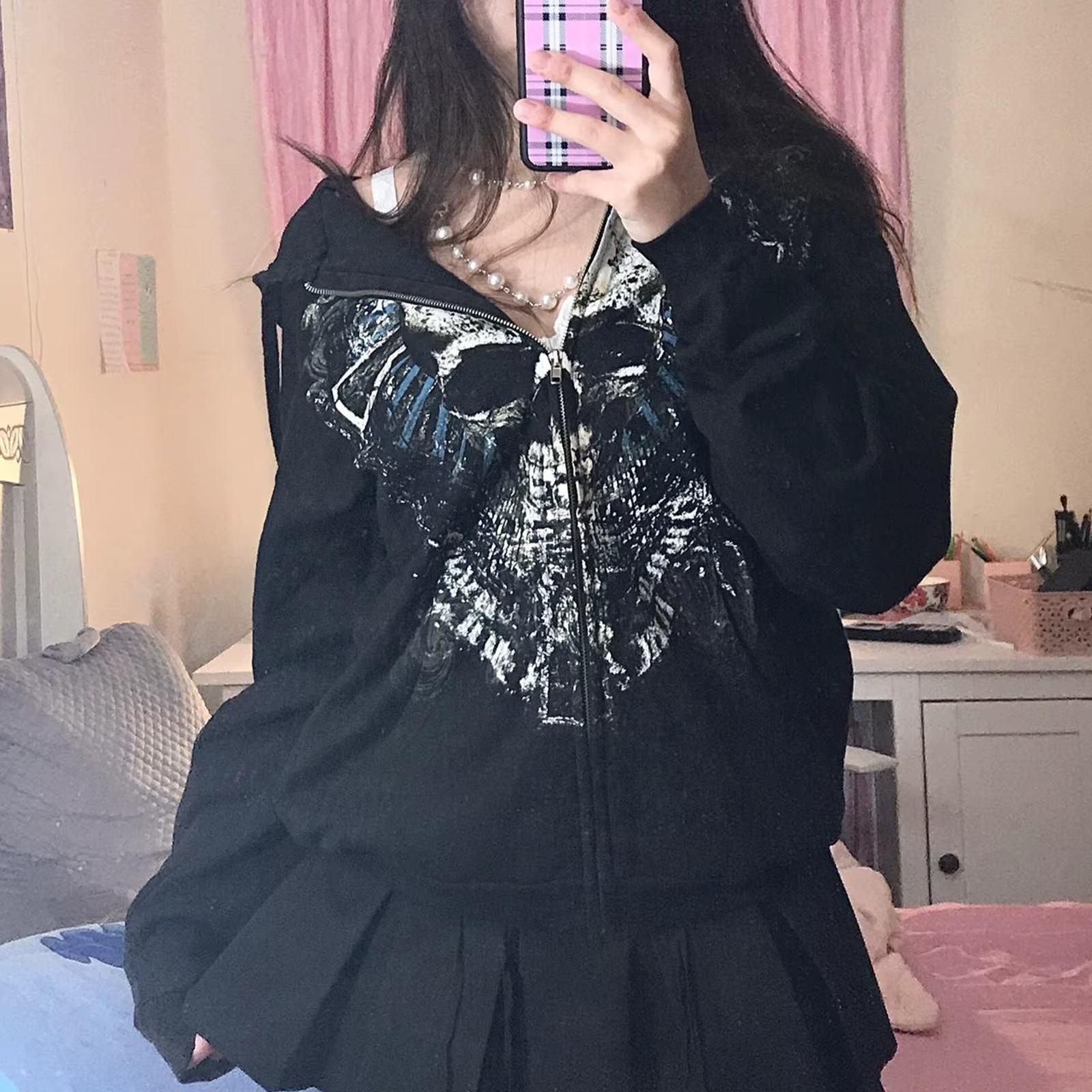 Dourbesty Vintage Gothic Grunge Skull Print Zip Up Hoodies Dark Academia Harajuku Sweatshirts Autunm Aesthetic Coat Tops Y2k