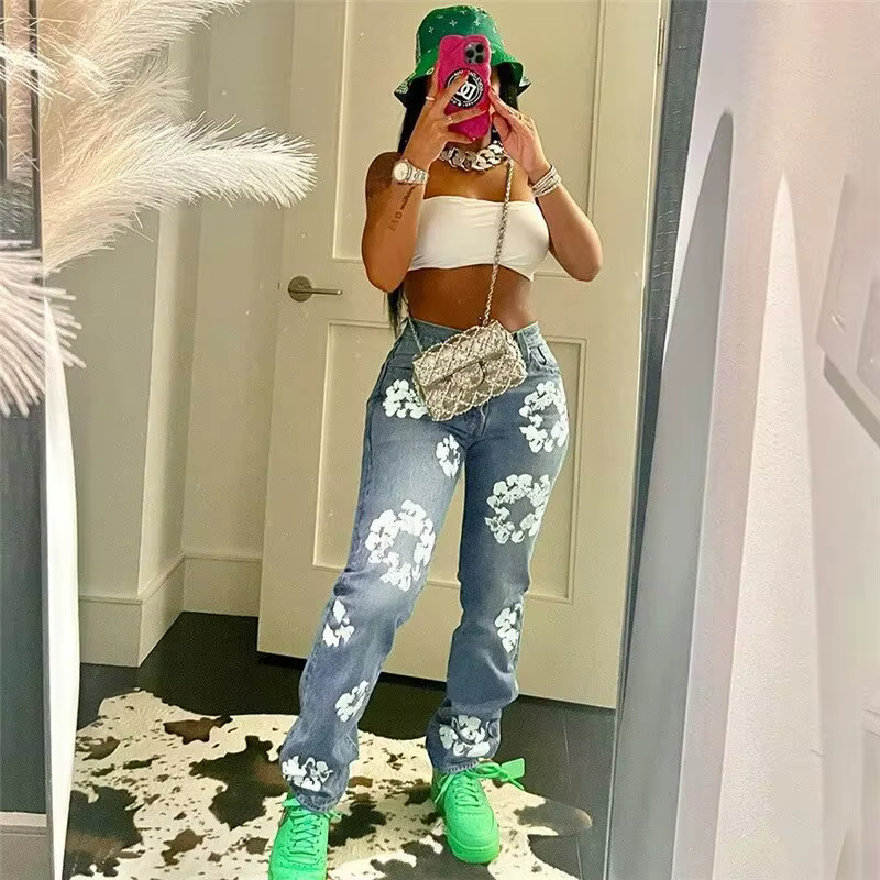 Women Jeans Denim Pants Fall Winter Casual Aesthetic Flower Print Jeans Baggy Pants Trousers High Waist Fashion Women Jean Pants