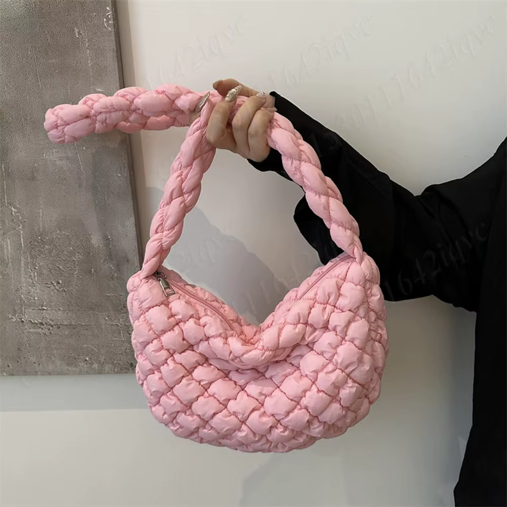 Women Puffer Quilted Shoulder Bag Puffy Crossbody Bag Handbag Solid Color Tote Bag with Zipper Satchel Purse for Travel Shopping
