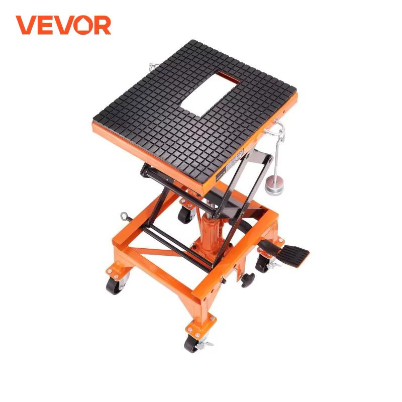 VEVOR Hydraulic Motorcycle Lift Table 350 LBS Capacity Motorcycle Scissor Jack Lift with Wide Deck J-hooks 4 WheelsHydraulic