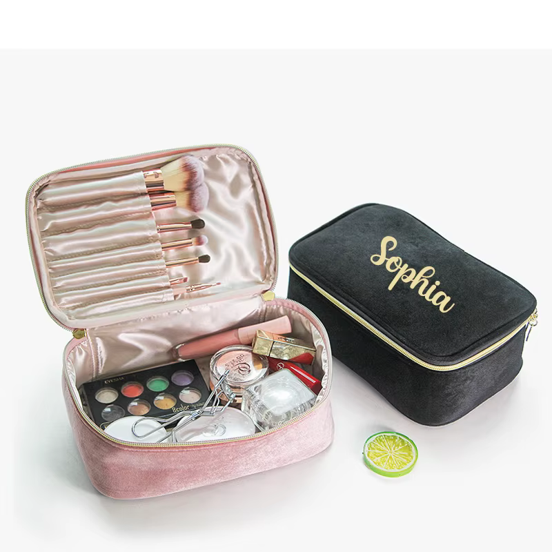Velvet Cosmetics Bag Top Handle Travel Large Capacity Brushes Suede Makeup Vanity Case