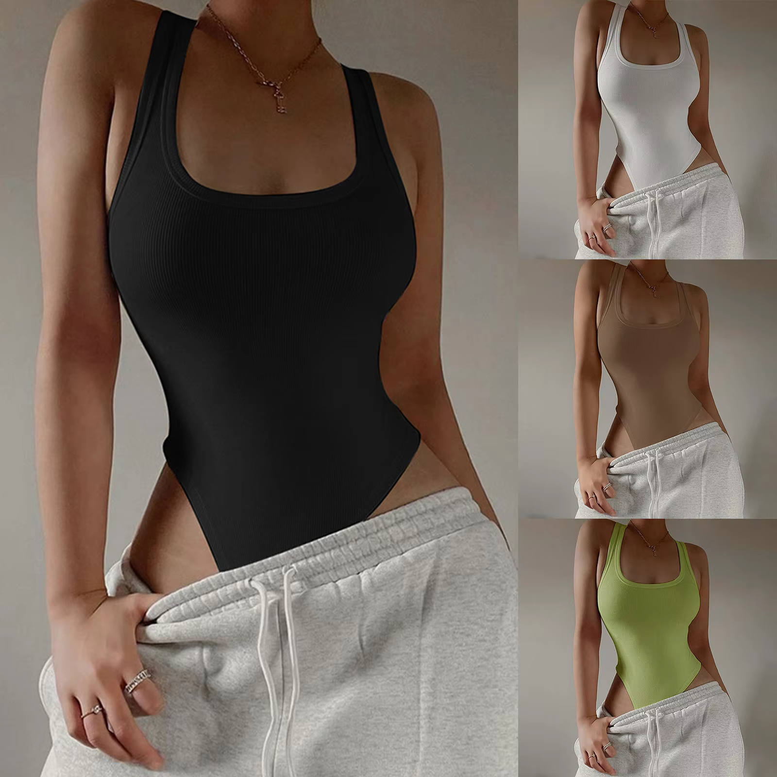 Solid Color Strappy Bodysuit Women Sexy Slim Ribbed Bodysuit Romper String Femme Casual Sleeveless Tank Top Bodysuit Body Female