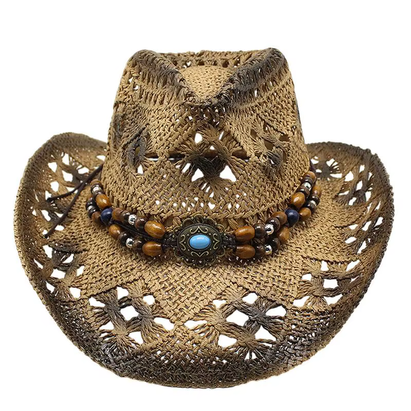 Straw Cowgirl Hat Unisex Beach Hat Cow Boy Hat With Hat Band For Men Women Breathable Lightweight Sun Protection