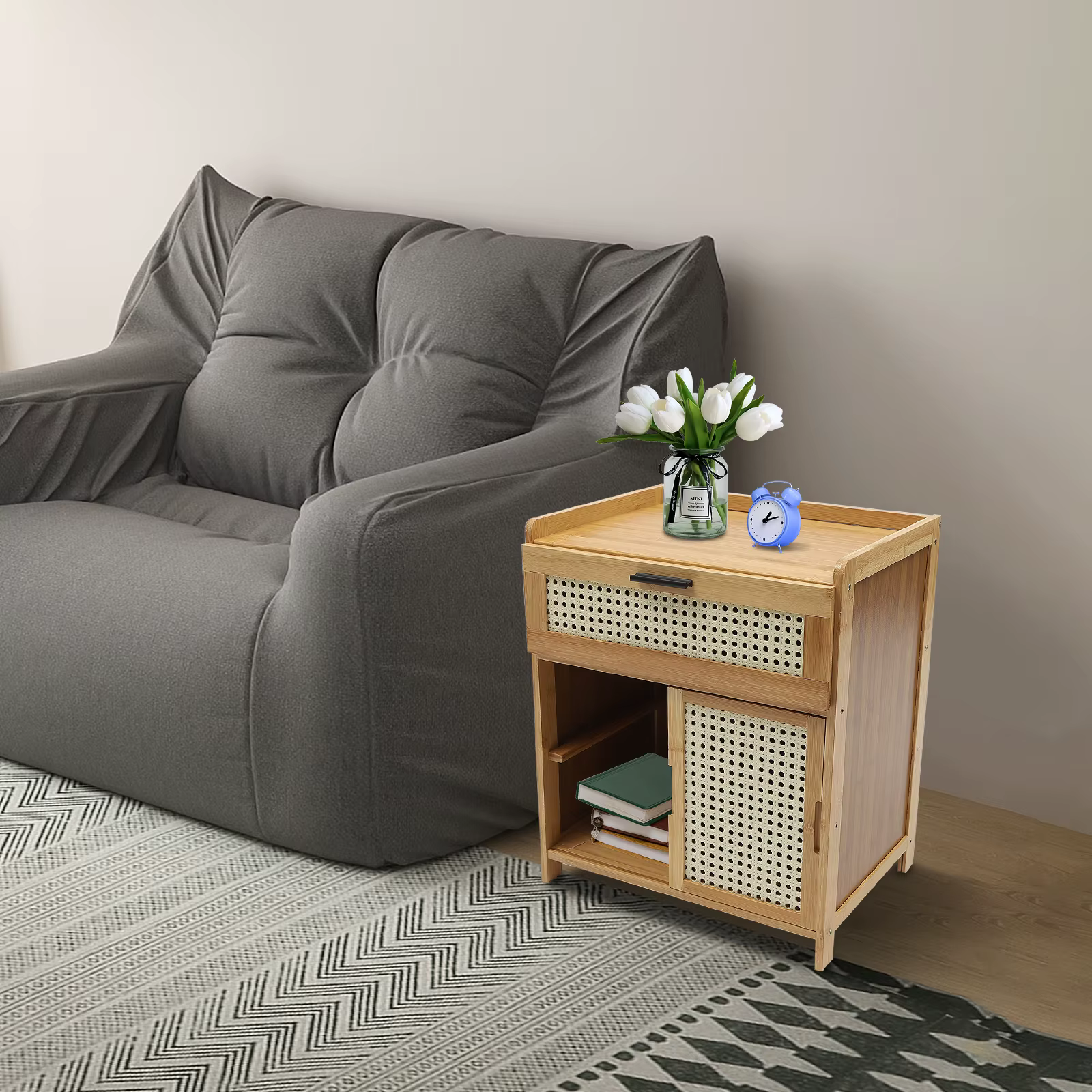 CNCEST Rattan Nightstand, Bamboo Night Stand with Drawer and Shelf Bohemian Bedside Tables End Table Side Tables Bedroom