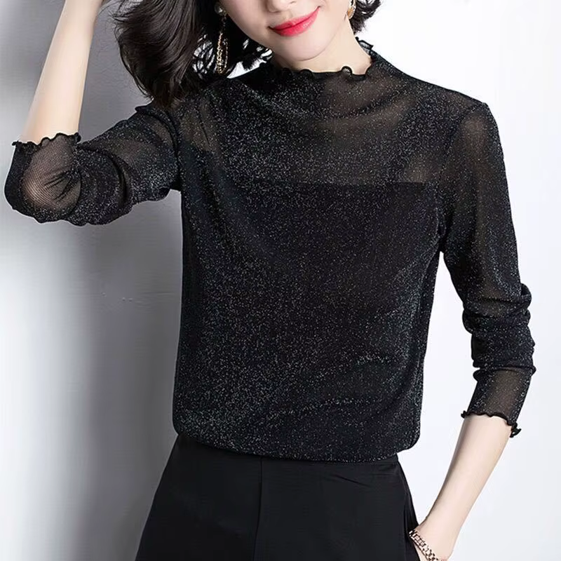 Elegant Stand Collar Gauze Ruffles Blouse Women's Clothing 2022 Autumn New Oversized Casual Pullovers Korean Shirt