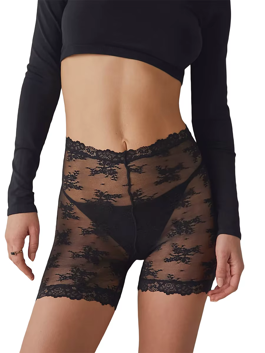 Women’s Sheer Lace Shorts Summer High Waist Solid Color Anti-Chafing Panty Shorts
