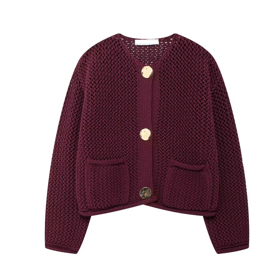 2025 Fall Clothes New Fashion Front Patch Pockets Golden Buttons Knit Cardigan Casual Long Sleeve Vintage Cardigan Chic Tops