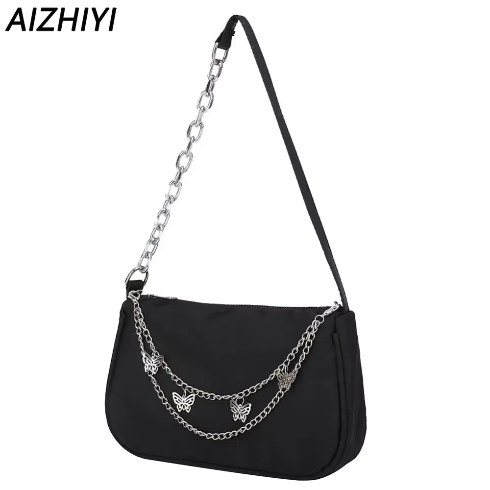 Fashion Women Solid Color Small Underarm Bag Leisure Nylon Shoulder Bags with Butterfly Chain Square Zipper Handbags