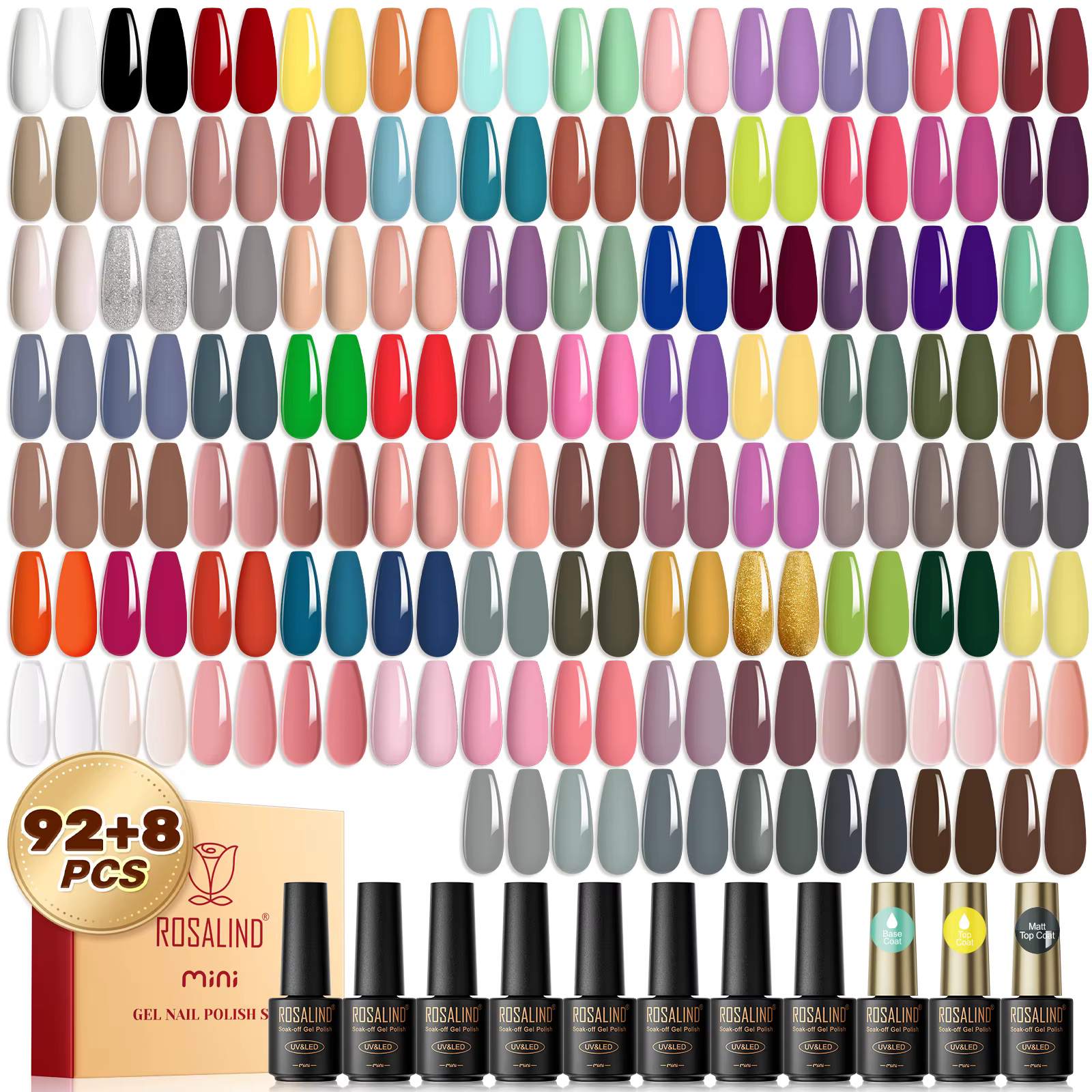 ROSALIND 100PCS Gel Nail Polish Set, 92 PCS Colors Gel Polish Set with 8 Bottles of Base and Glossy Matte Top Coat Starter Gel N