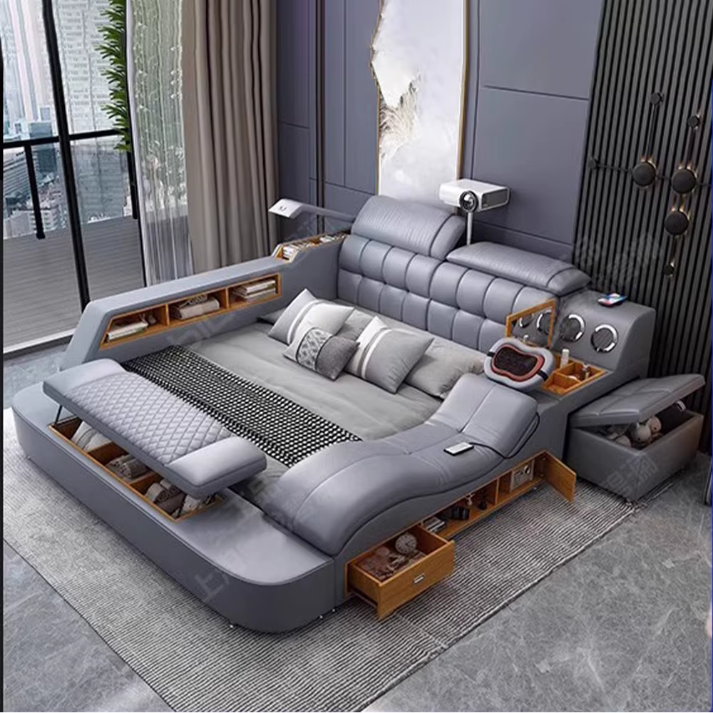 MANBAS Luxury King Size Genuine Leather Bed / Tech Smart Bed / Multifunctional Ultimate Beds / Massage Bed with USB,Projecter