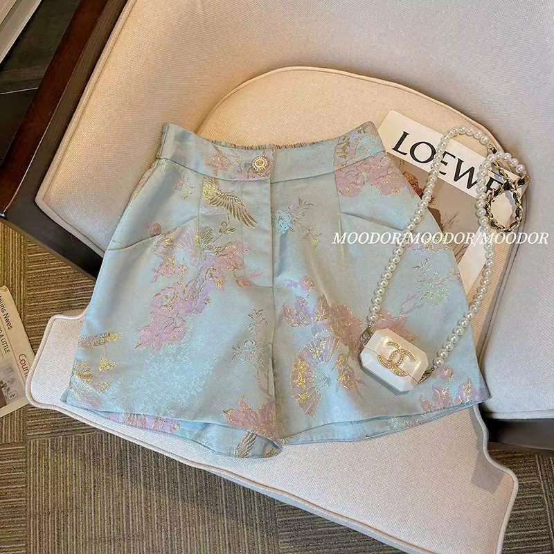 Summer Women's Shorts Embroidered Satin Vintage Pants with Elastic Waist Wide Leg Blue Hip Pants Fashionable Women's Clothing