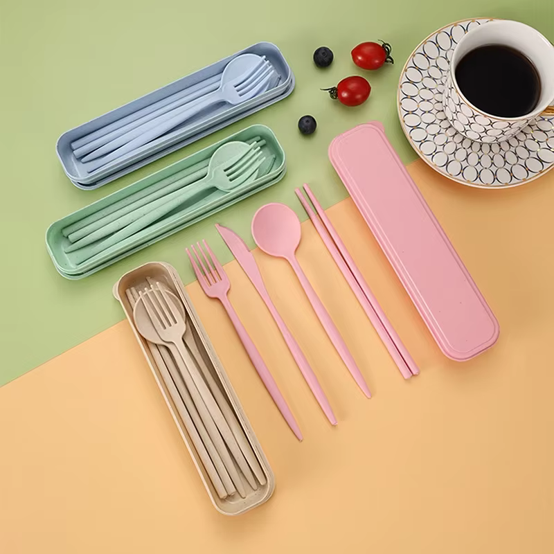 Wheat Straw Dkindle Set, Portable Dkindle Kfor Forkspoon, Eco-friendly Travel Curt Trays Set, Teeth Chest Chopsticks