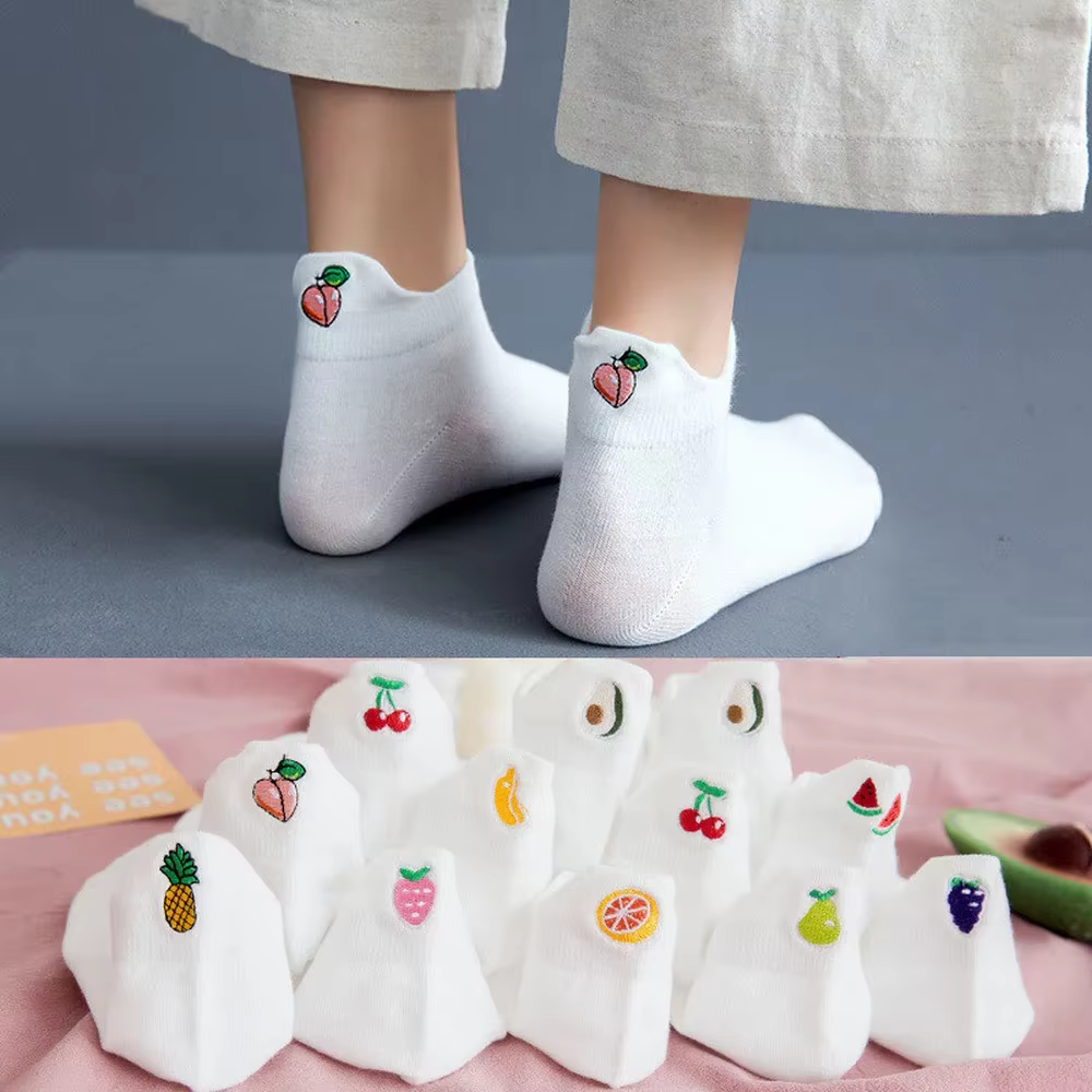 Fruits Embroidery Women's Socks Avocado Strawberry Watermelon Peach Banana Short Socks Casual Solid White Harajuku Ankle Socks