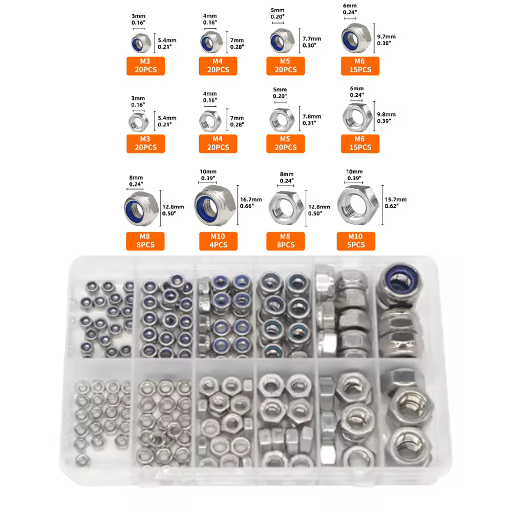 175pcs 304 Stainless Steel Nuts and Metric Locknut Kits M3 M4 M5 M6 M8 M10 Metric Nylon Insert Lock & Hex Nut Set