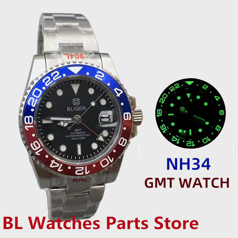 BLIGER 40mm NH34 GMT Watch For Men Mechanical Wristwatch Luminous Bezel Sapphire Glass Stainless Steel Automatic Reloj Hombre