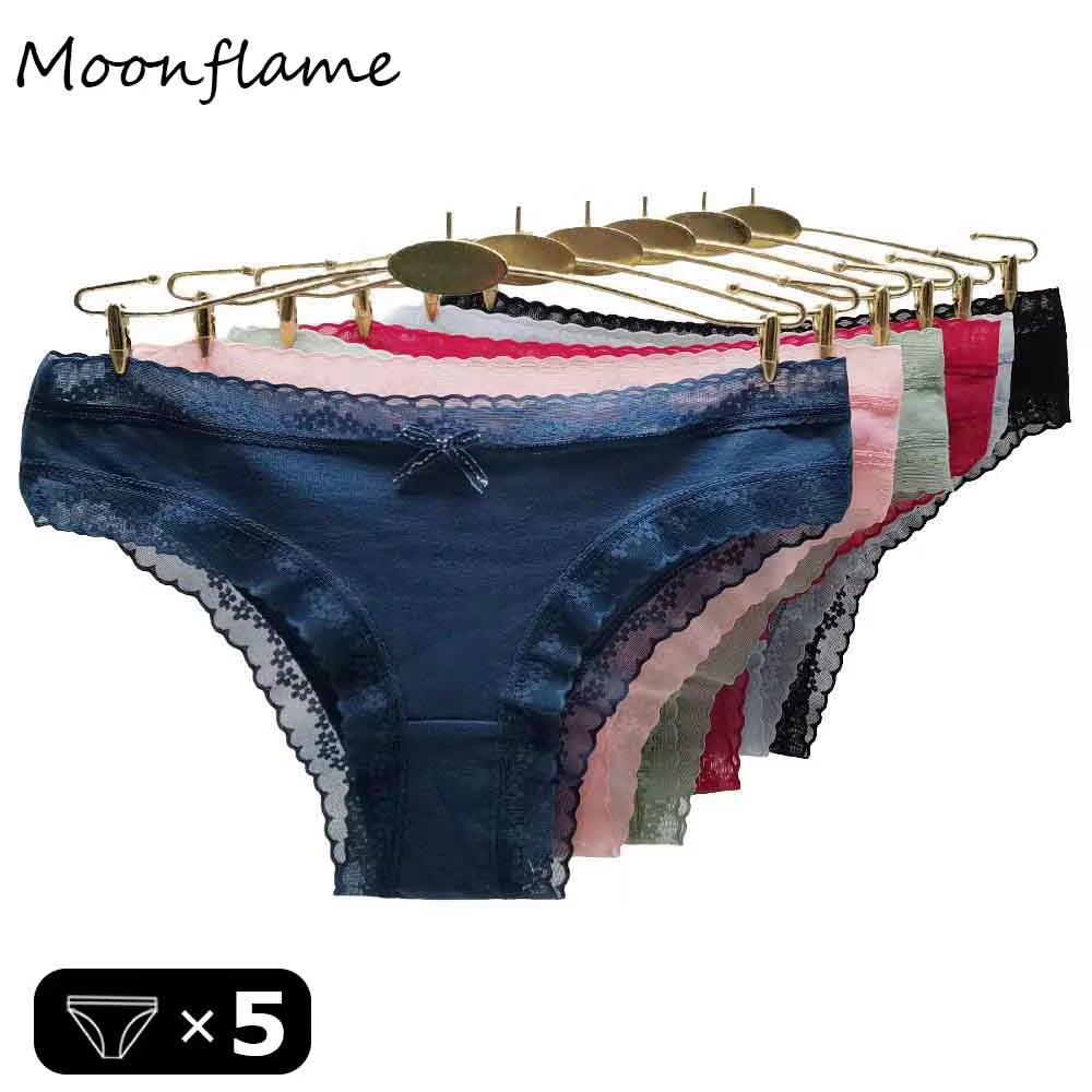 Moonflame Women's Pantie 5 pcs/lots Female Lingerie Solid Color Sexy Lace Cotton Briefs Woman Panties 89647