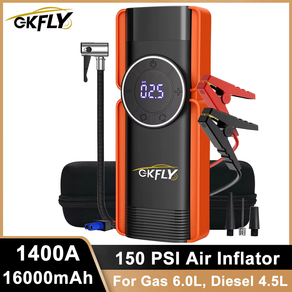 GKFLY 1400A Car Jump Starter with Air Compressor Portable Power Bank 16000mAh Car Battery Charger Booster 12V Starting Device