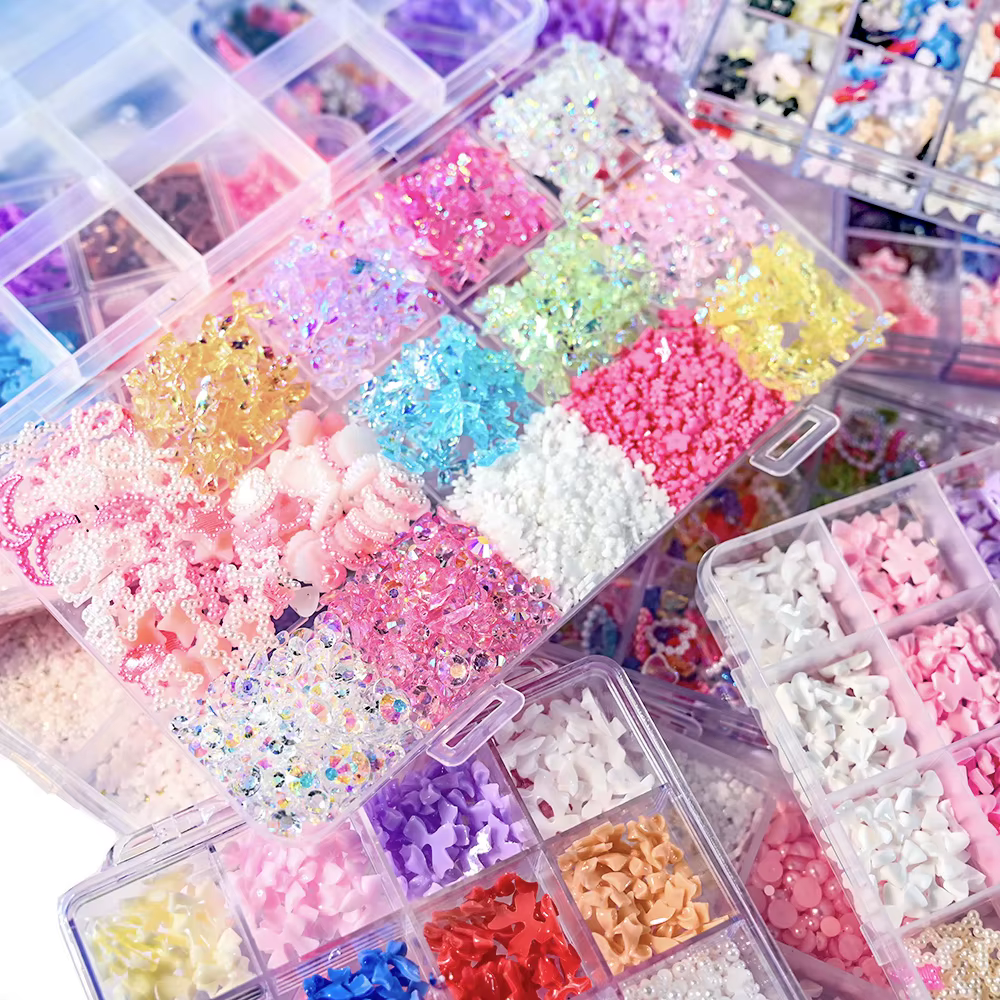 12Grids/box Mixed Resin Bowknot Nail Art Charms 3D Acrylic Kawaii Flower Bow Heart Star Moon Rhinestones DIY Manicure Supplies