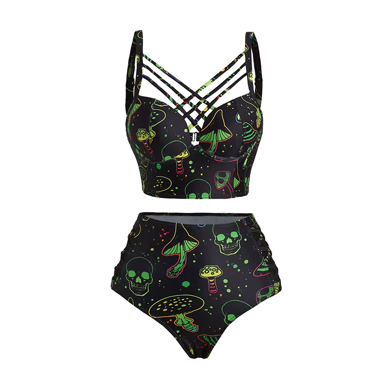 Dressfo Bikinis Sets Galaxy Mushroom Skull Print Crisscross Beach Bikini Adjustable Spaghetti Strap Triangle Bottom Two Piece