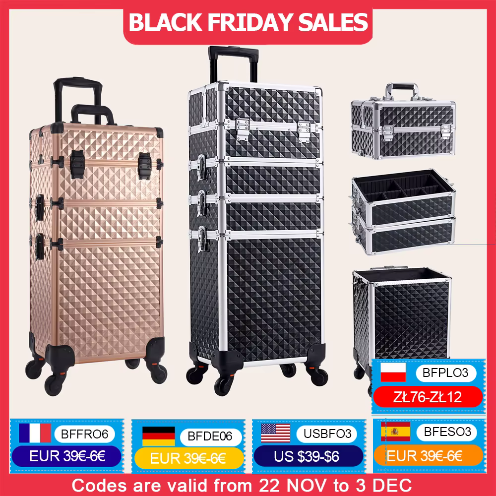 Makeup Trolley Case Detachable 4 in 1 Alloy Train Briefcase for Nail Manicure on Wheels Lock Salon Large Capacity Storage Case