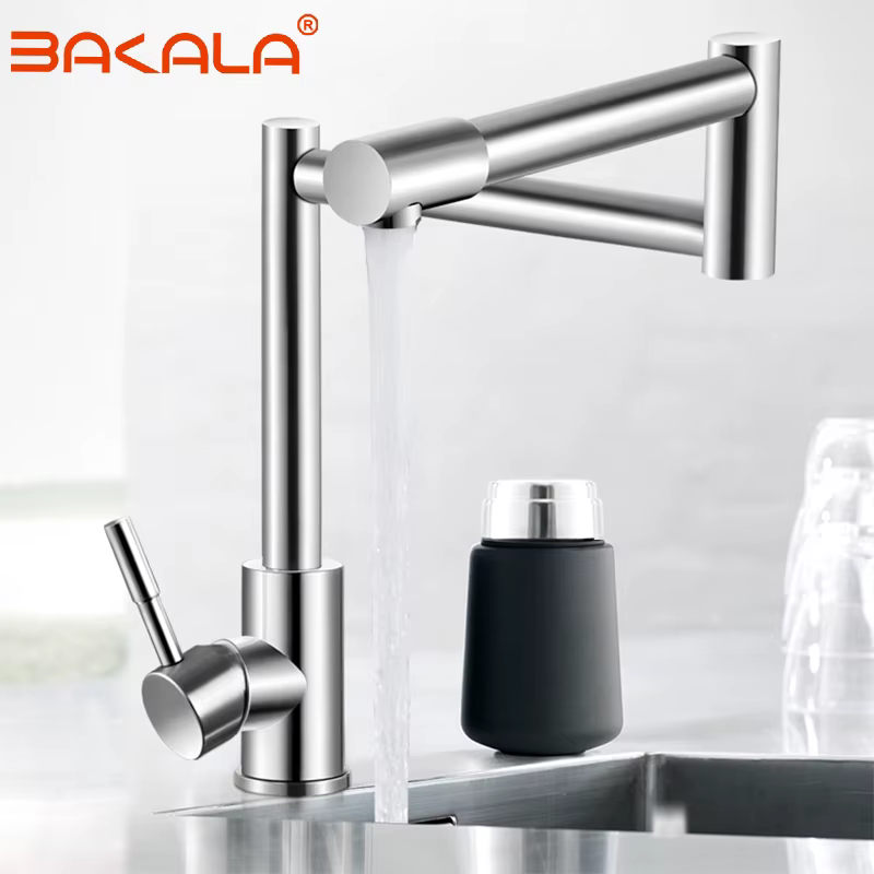 BAKALA 304 Stainless Steel Lead-free Folding Kitchen Faucet Mixer 360 Degree Swivel Single Handle Nickel Kitchen Sink basin Taps
