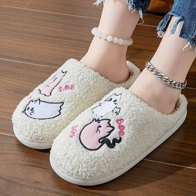 Halloween Cute Ghost Cartoon Warm Cotton Slippers Indoor Fleece Thickened Couple Non-slip Slippers Women Soft Sole Plush Slides