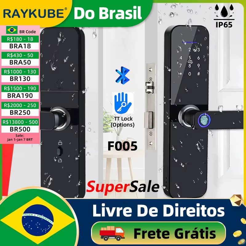 Do Brasil RAYKUBE F005 IP65 Waterproof TT Lock Bluetooth Electronic Smart Door Lock With Fingerprint/Card/Password/APP Unlock