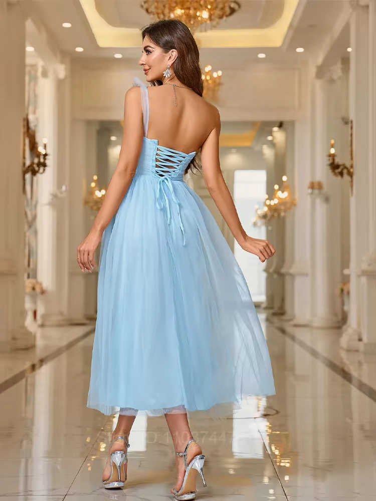 Gowns Spaghetti Straps Sparkly High Waist Asymmetrical Hem Tulle Dress Mesh Sheer Elegant Women Formal Ball Gown Dress Vestidos