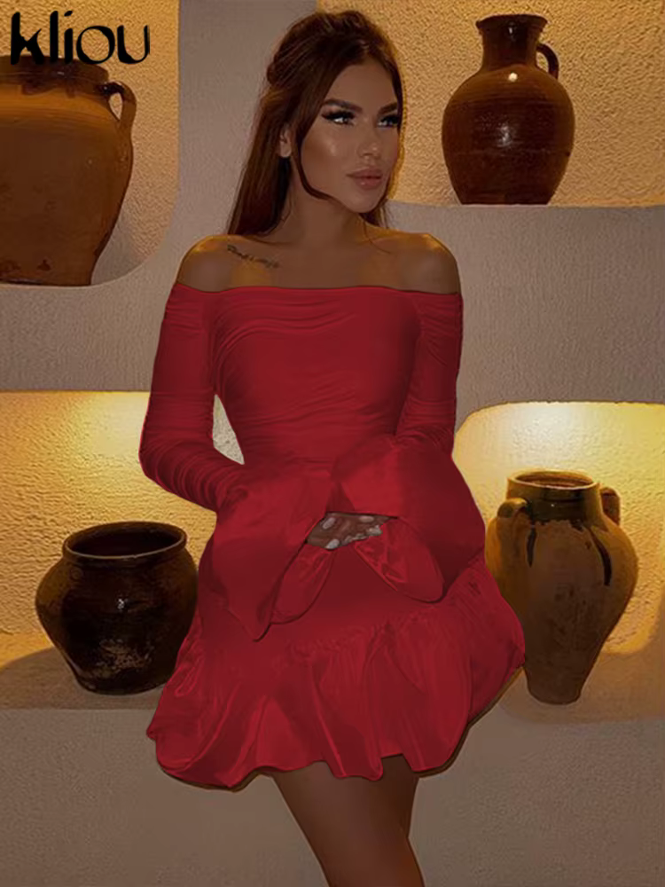 kliou Hipster Women Mini Dress Party High Street Style Off Shoulder Ruffle Sleeve Ruched Trim Bodycon Mujer Sexy Attractive Wear