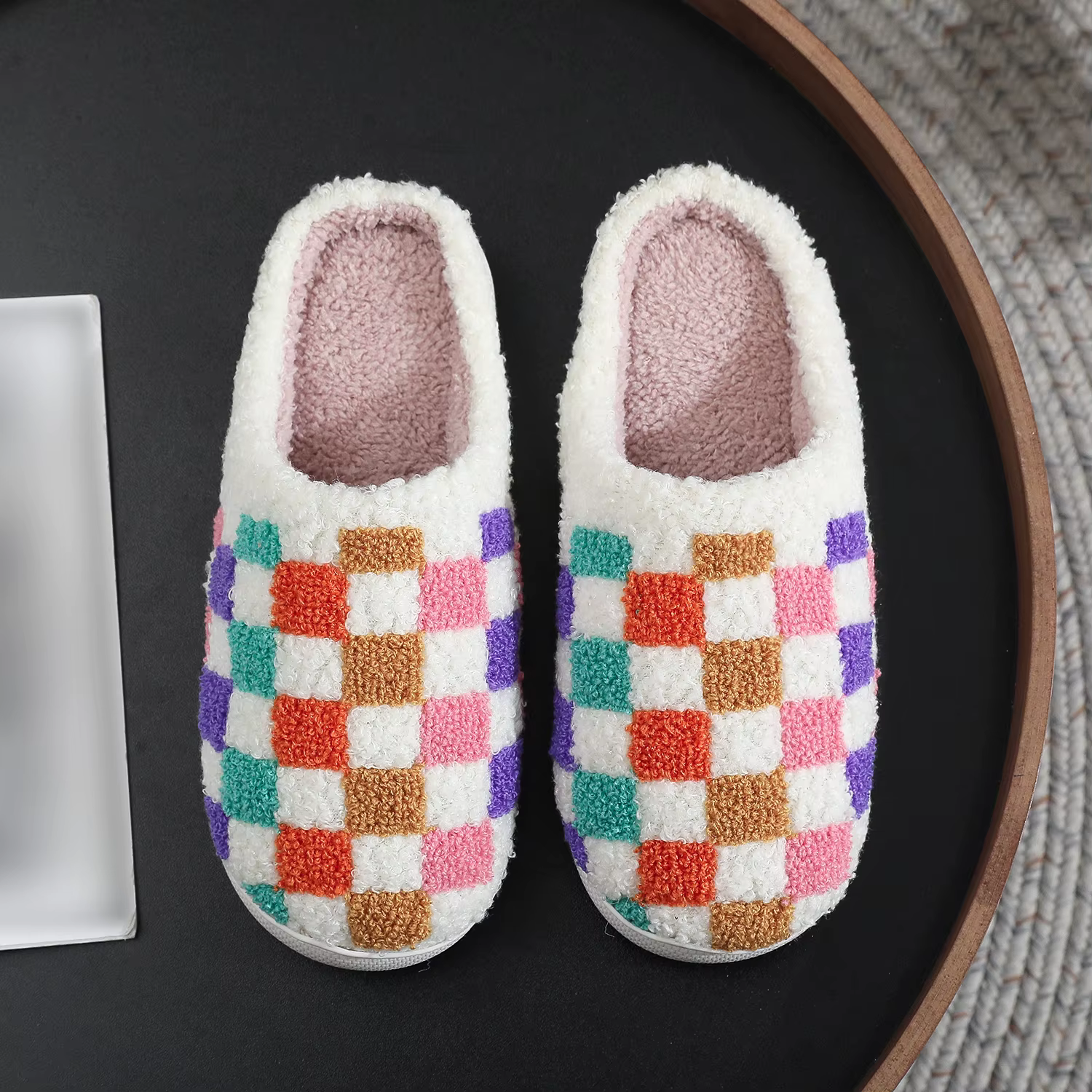 Autumn and winter thick-soled home indoor wear cotton slippers colorfulful plaid pattern plush soft-soled slippers home non-slip plush shoes