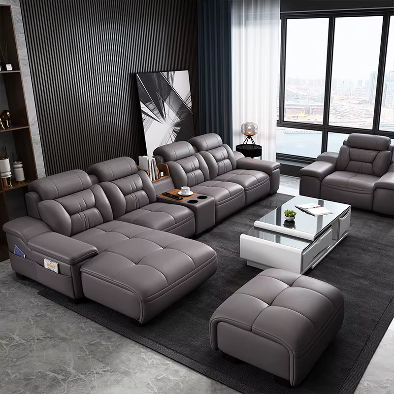 MINGDIBAO Italian Genuine Leather Sectional Sofa with USB Charge, Bluetooth Speaker and Projector - Perfect for Your Living Room