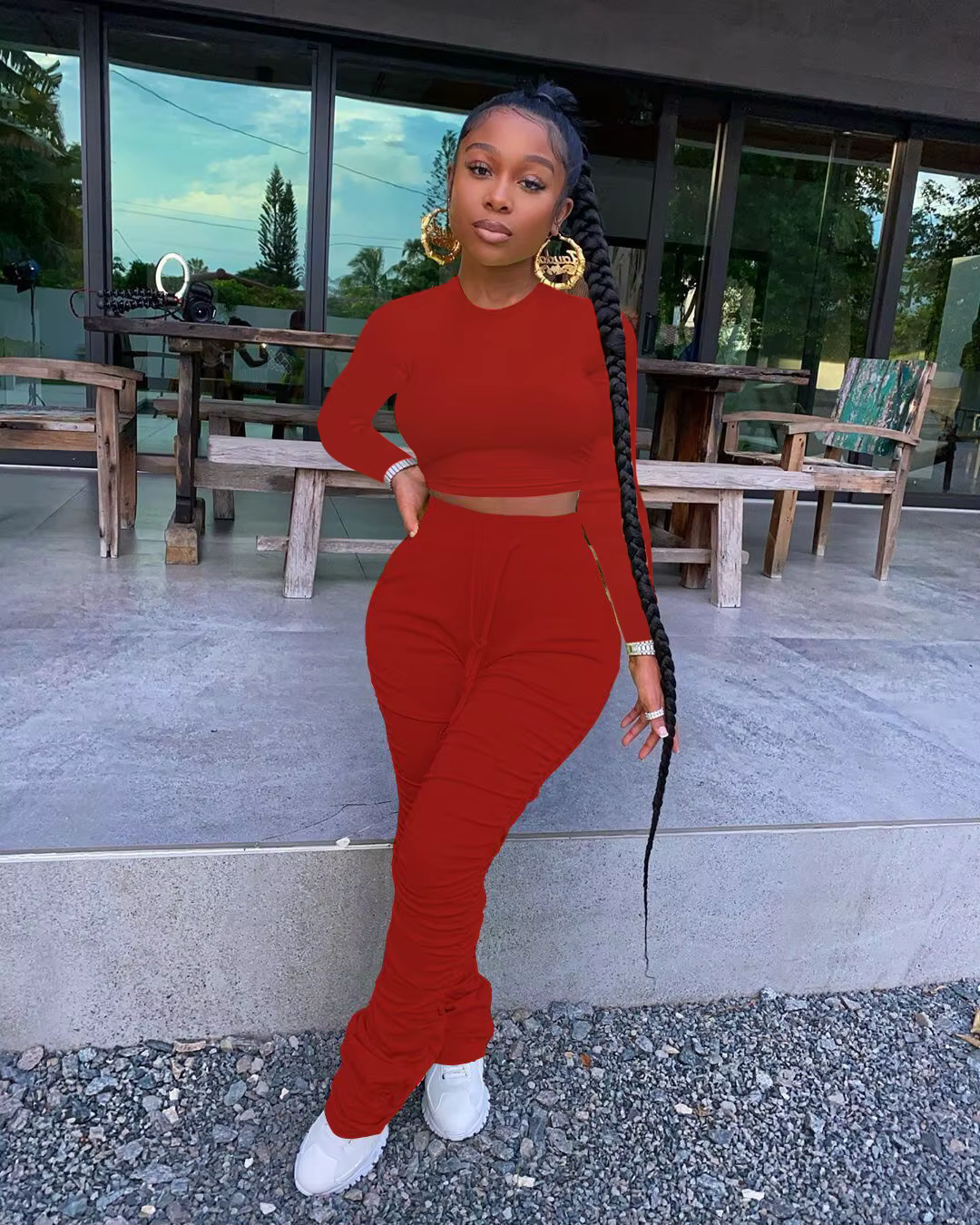 Ladies tear stacked sportswear sexy ladies autumn and winter two-piece sportswear set with exposed navel top+stacked pants set