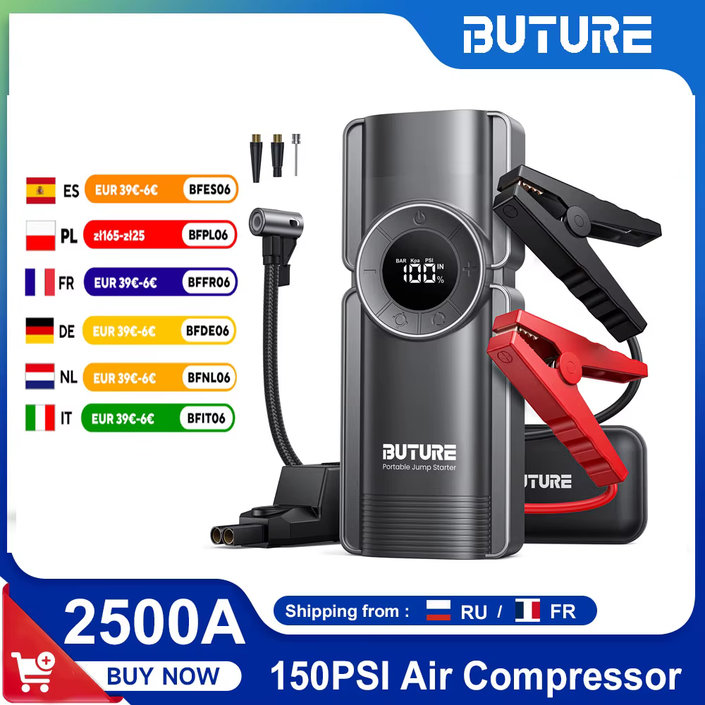 Buture 4 In1 Jump Starter 20000mAh Power Bank 150PSI Pump Air Compressor 2500A Emergency Battery Boost 15V Digital Tire Inflator