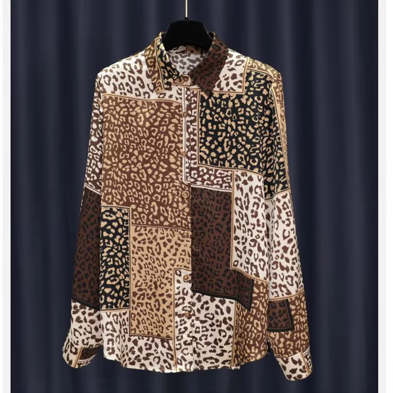 2024 Spring New Leopard Patchwork Print Satin Shirt Women Korean Style Polo Neck Long Sleeved Blouses Elegant Fashion Casual Top