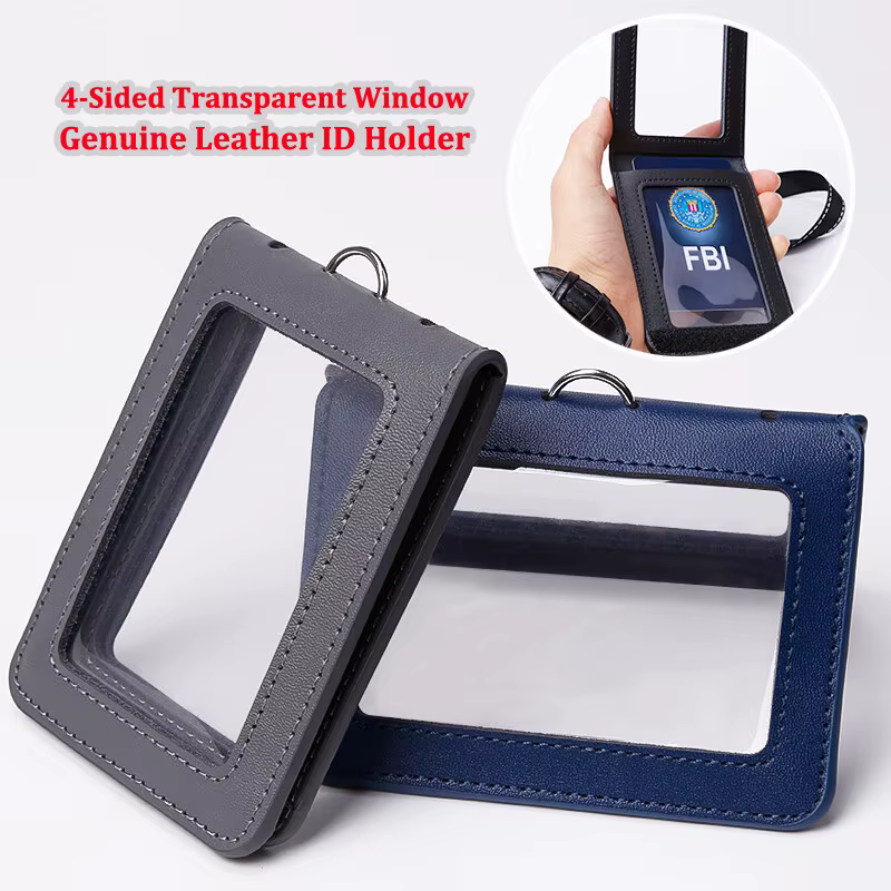 4-Sided Transparent Window US Police Badge Holder ID Business Work Card Name Tag Holders Genuine Leather Chest Cards Cases