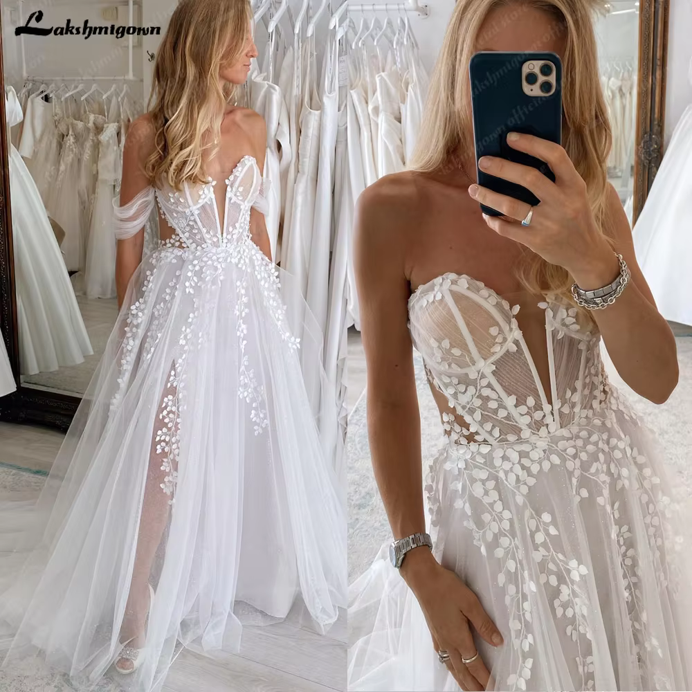 Lakshmigown Lace Boho Wedding Dress Off the Shoulder Customized Civil Bridal Beach Wedding Gowns Detachable Sleeves