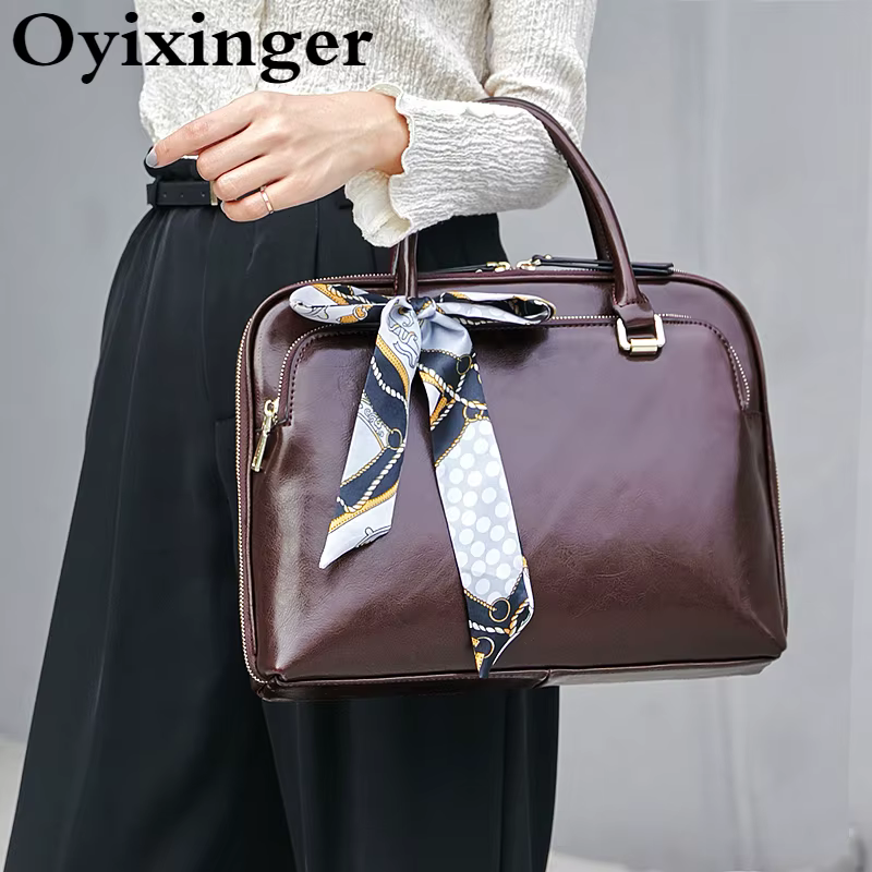 OYIXINGER New Luxury Women Briefcase Genuine Leather Business Shoulder Bag Ladies Office Laptop Bags For 13" 14" Macbook Dell Hp