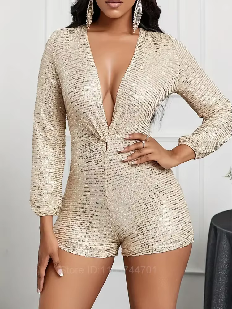 Sexy Long Sleeve Deep V Neck Bodysuit Women Vintage Sequins Playsuit Woman Jumpsuit Short Club Party Rompers Fashion Clothes