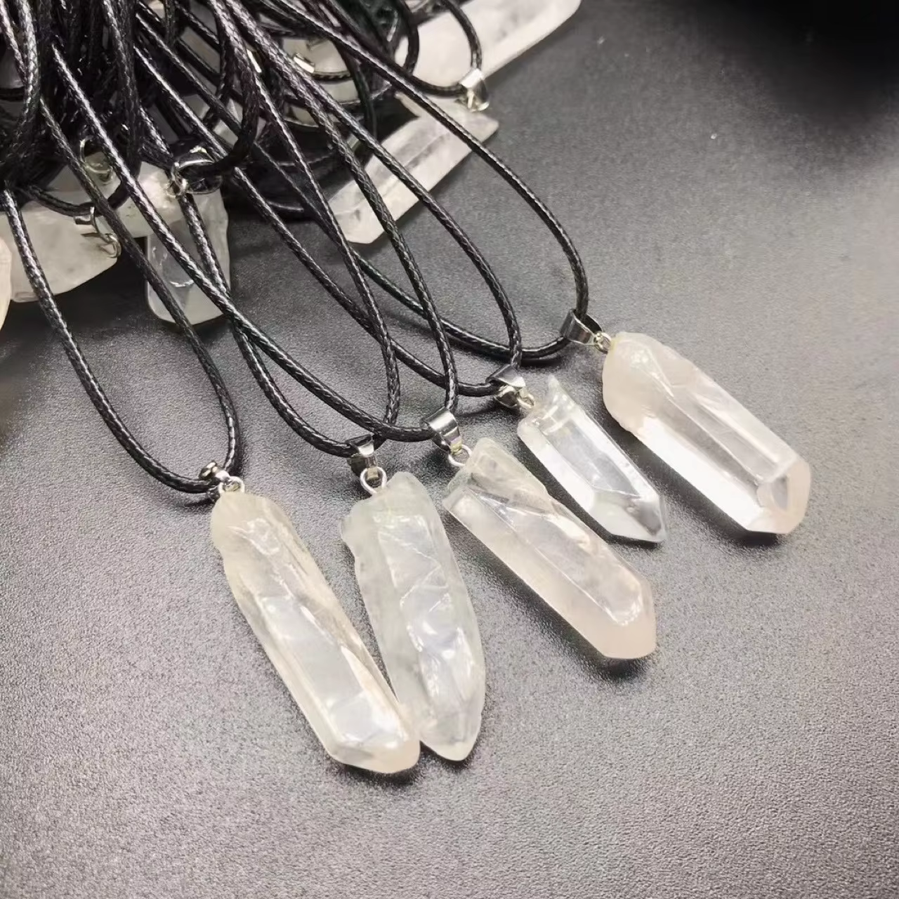 Natural Crystal Clear Quartz Point Pendant with Black Rope DIY Necklace White Quartz Raw Stone Necklace for women men