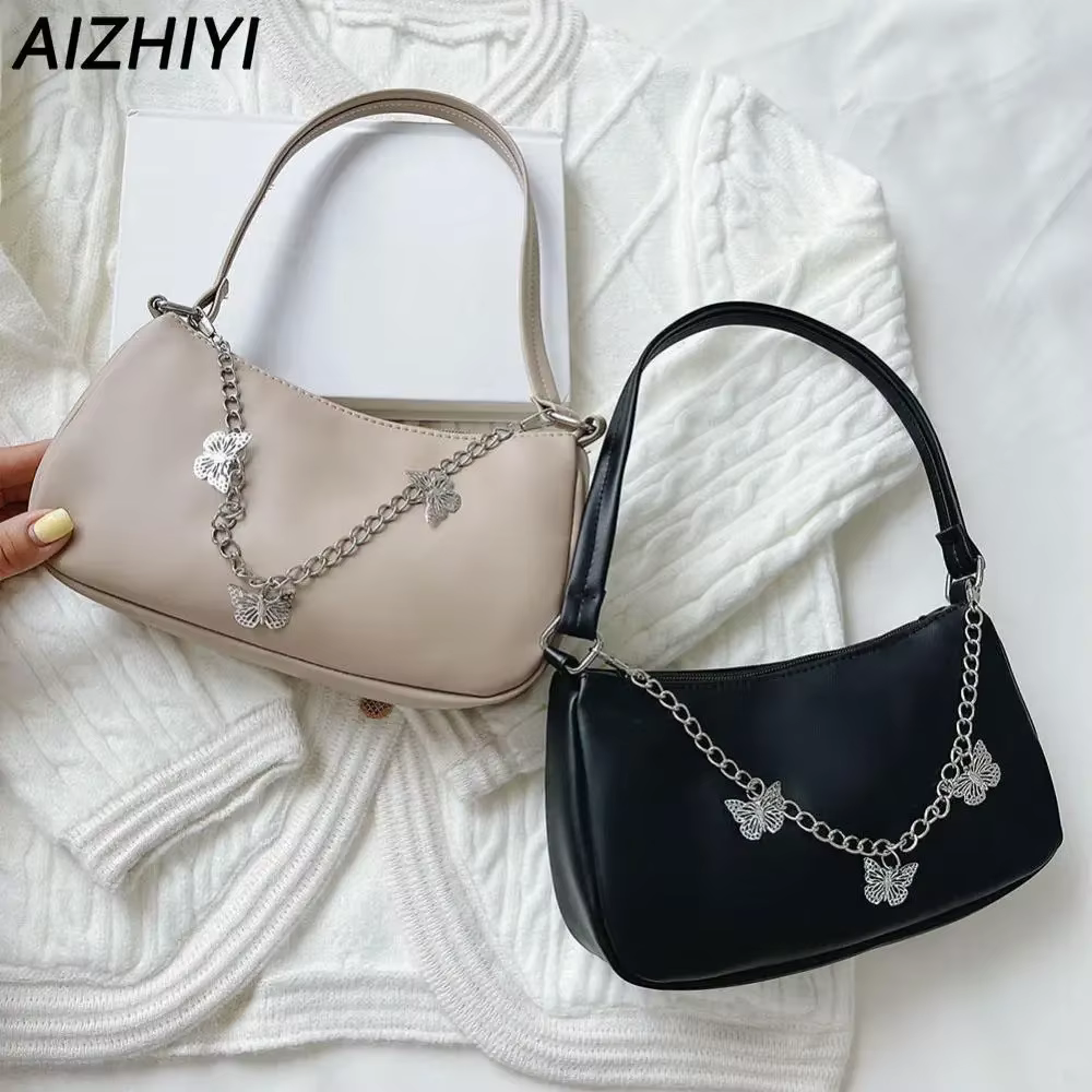 Versatile PU Leather Shoulder Armpit Bags Women Butterfly Chain Zipper Underarm Bags Plain Shopping Travel Bags