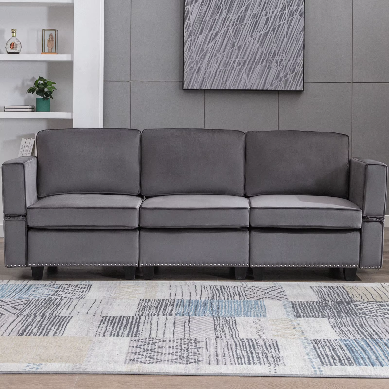 HORGAEO Sectional Sofá, 3 Seat Convertible Modular Dark Grey Sofa with Adjustable Backrest and Armrests
