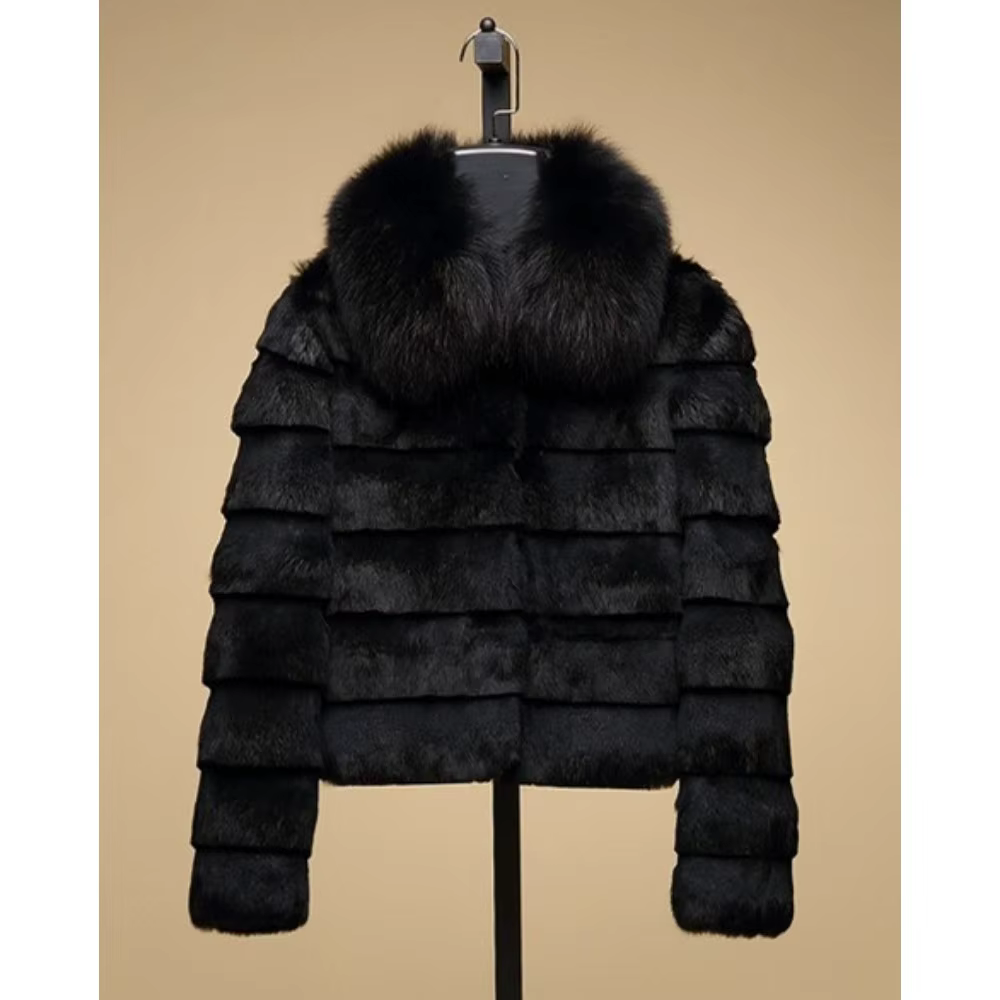 OFTBUY 2024 New Real Rabbit Fur Coat with Fox Fur Collar Women Full Pelt Fox Fur Jacket Winter Rabbit Fur Waistcoat High Street
